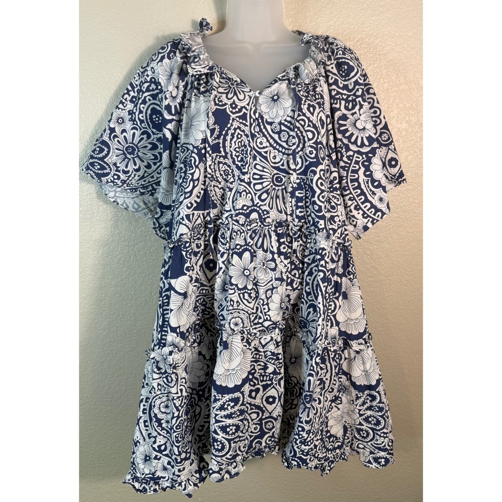 Hyacinth House Womens XL Dress Blue White Paisley Floral Tiered Ruffle Thea Mini